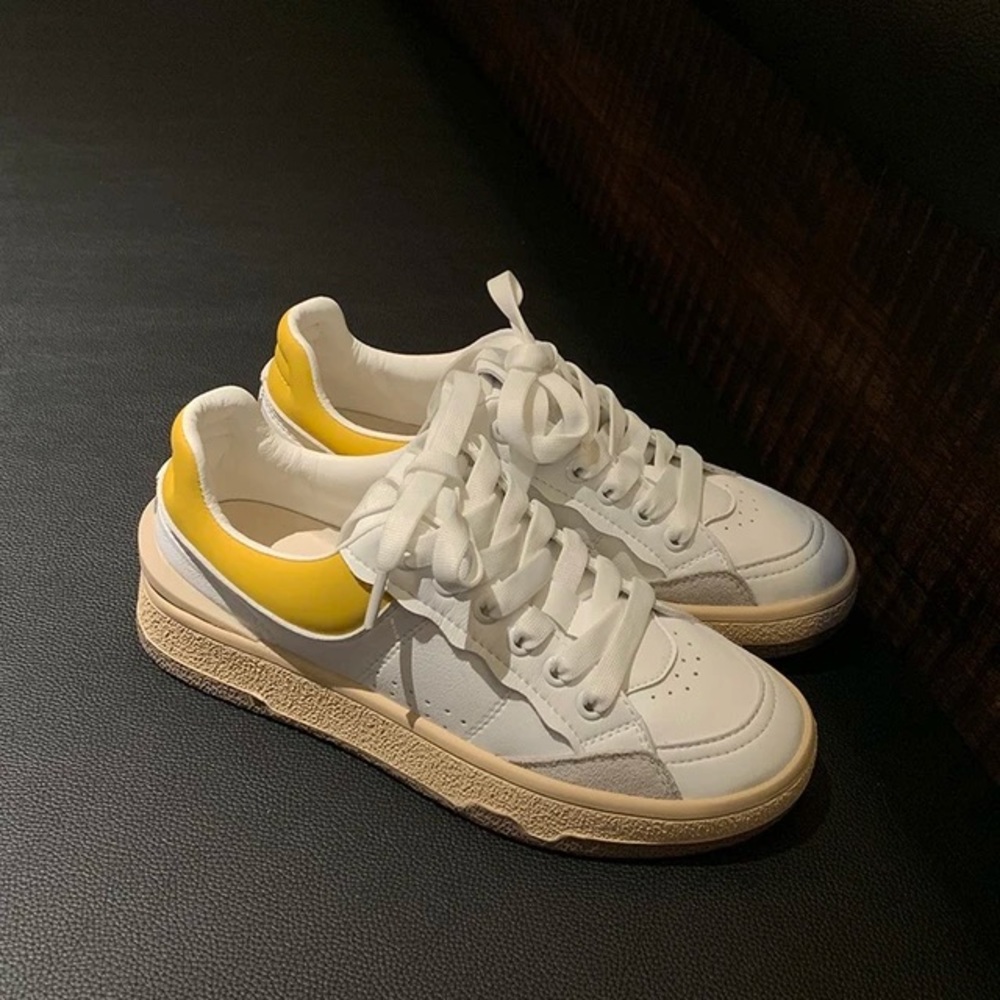Women's White Lace-Up Casual Sneakers Round Toe W/Mixed Color Split Leather